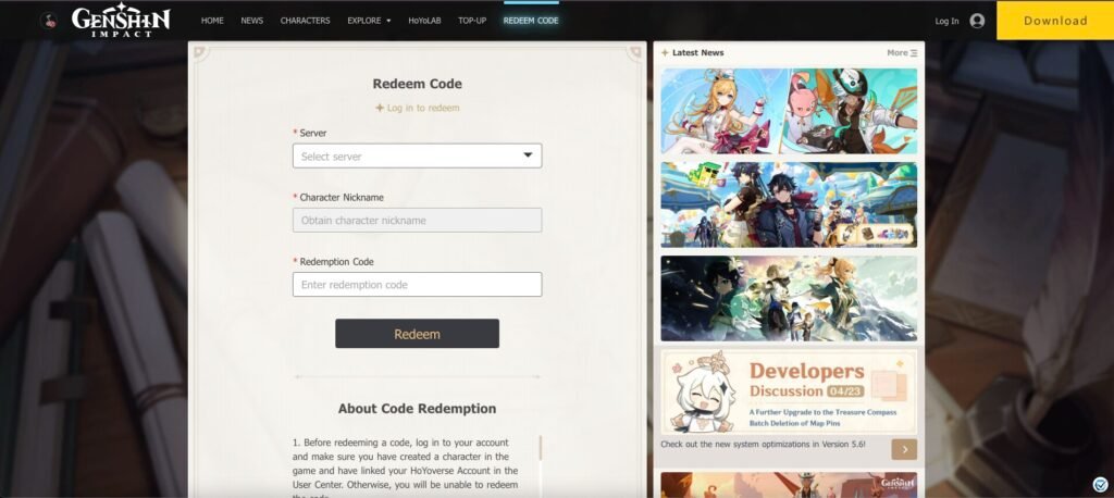 Genshin Impact Code Redeeming Page